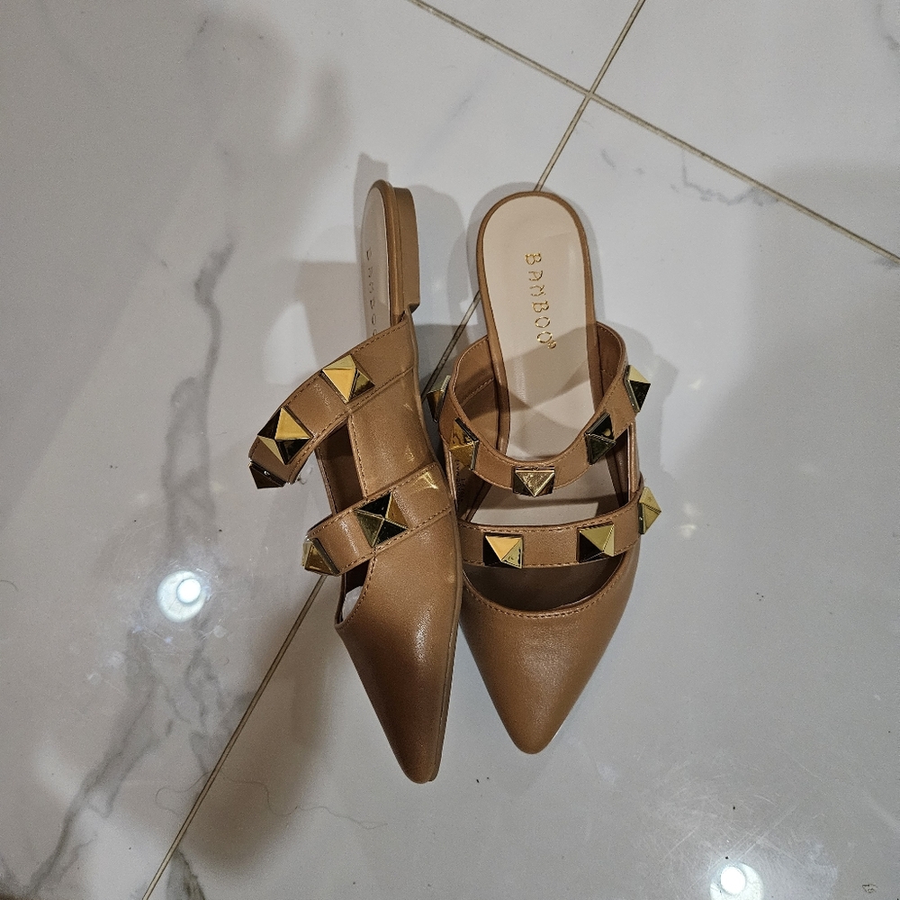Pointed Double Strap Flats with Gold Studs